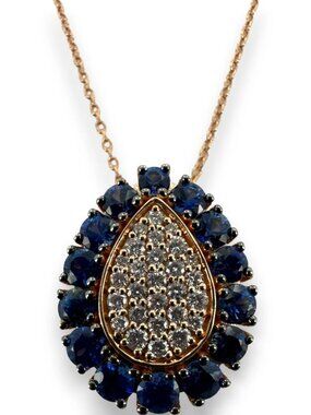 LeVian 14kt Rose Gold 18" Necklace Teardrop Pendant Diamonds Blue Sapphires
